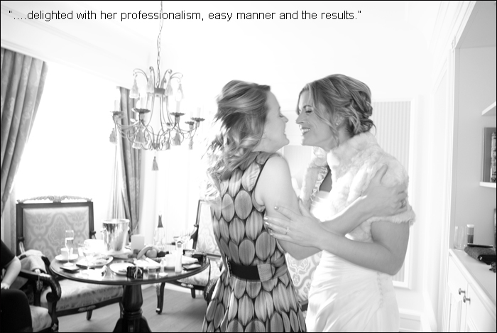 The bride greets her sister before her wedding ceremony at The Powerscourt Hotel