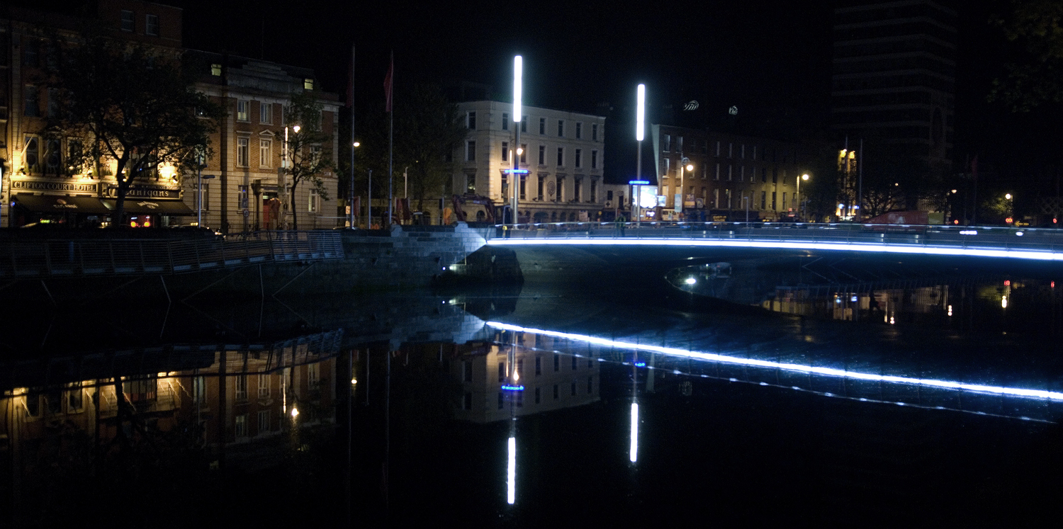 Architectural Night Time Photo Of The Rosie Hackett Bridge In Dublin