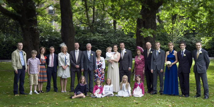 Family wedding photograph by the bandstand in St. Stephen's Green
