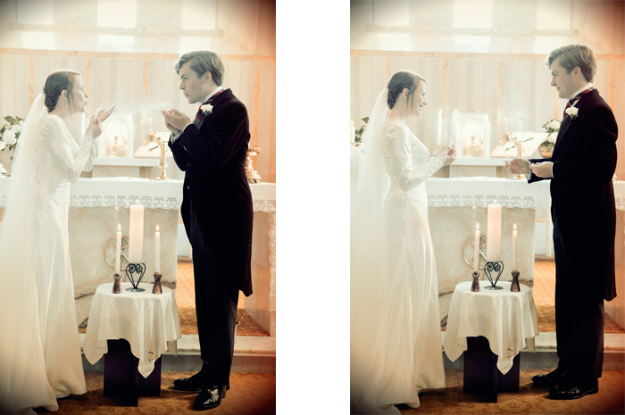 The bride and groom light their wedding candle in a country church in Sneem on The Ring of Kerry