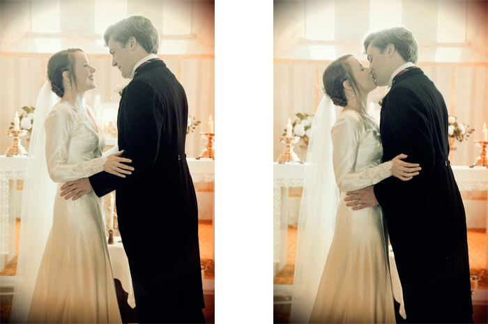 The bride and groom kiss after exchange vows during their wedding ceremony in a country church in Sneem on The Ring of Kerry