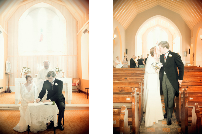 The bride and groom walk down the aisle after being married in a country church in Sneem on The Ring of Kerry 