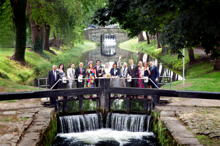 Portrait of Wedding Guests on lock across the grand canal in Dublin
