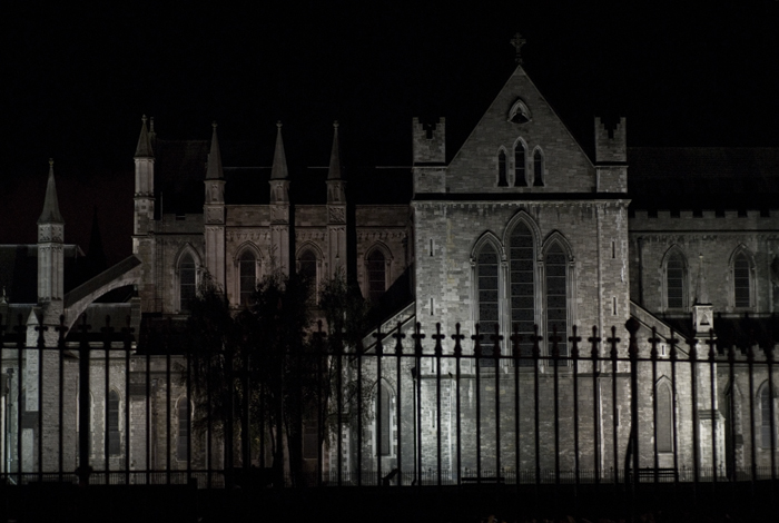Nightime photograph of St. Patrick's Cathedral in Dublin